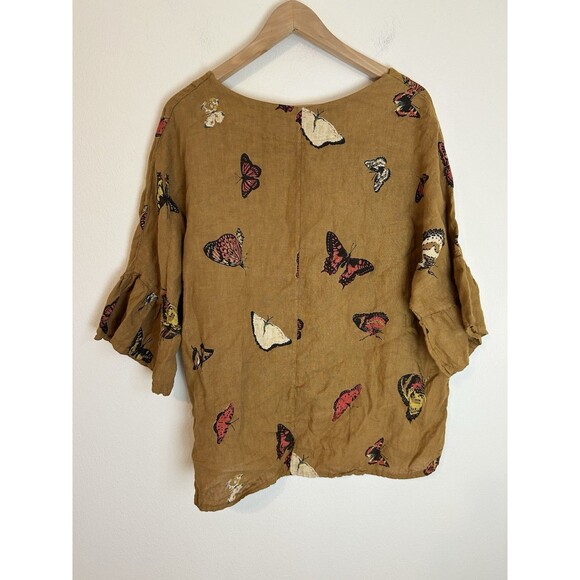 Viola Borghi 100% Linen Top L Butterfly Print Mustard Shirt Blouse Lagenlook - Picture 4 of 5